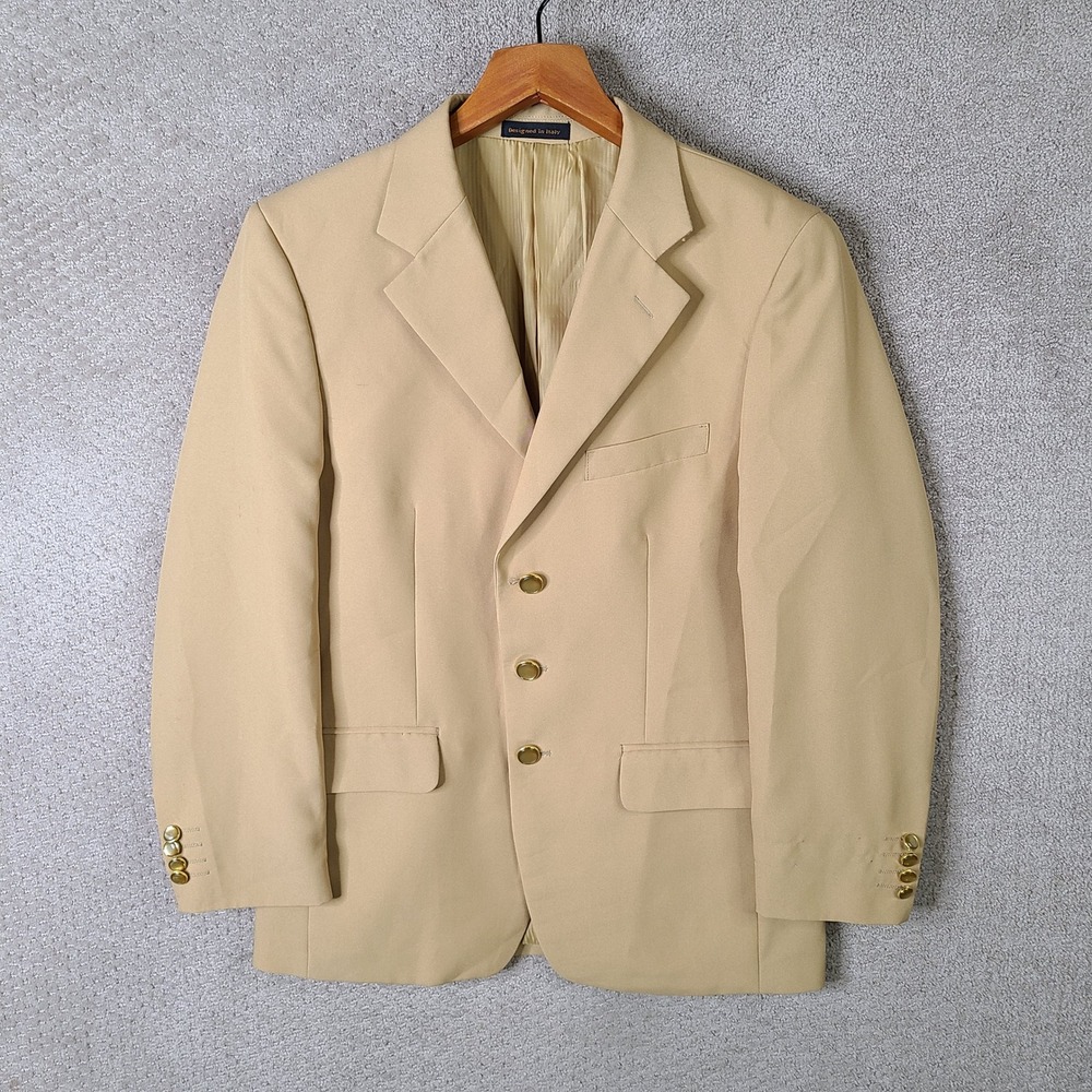 Lucci Jacket Mens 38S Tan Sport Coat Gold Tone Buttons Polyester Suit Coat